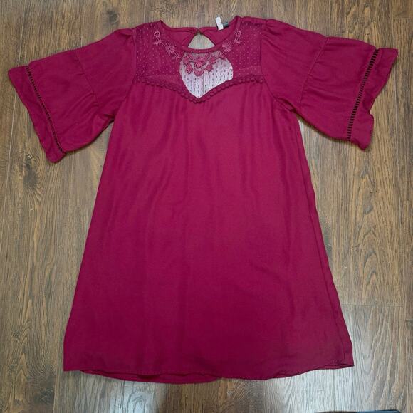 Maroon Lace Trim Short Dress Womens Large Flutter Sleeve Keyhole Back Crew Neck - Picture 6 of 9